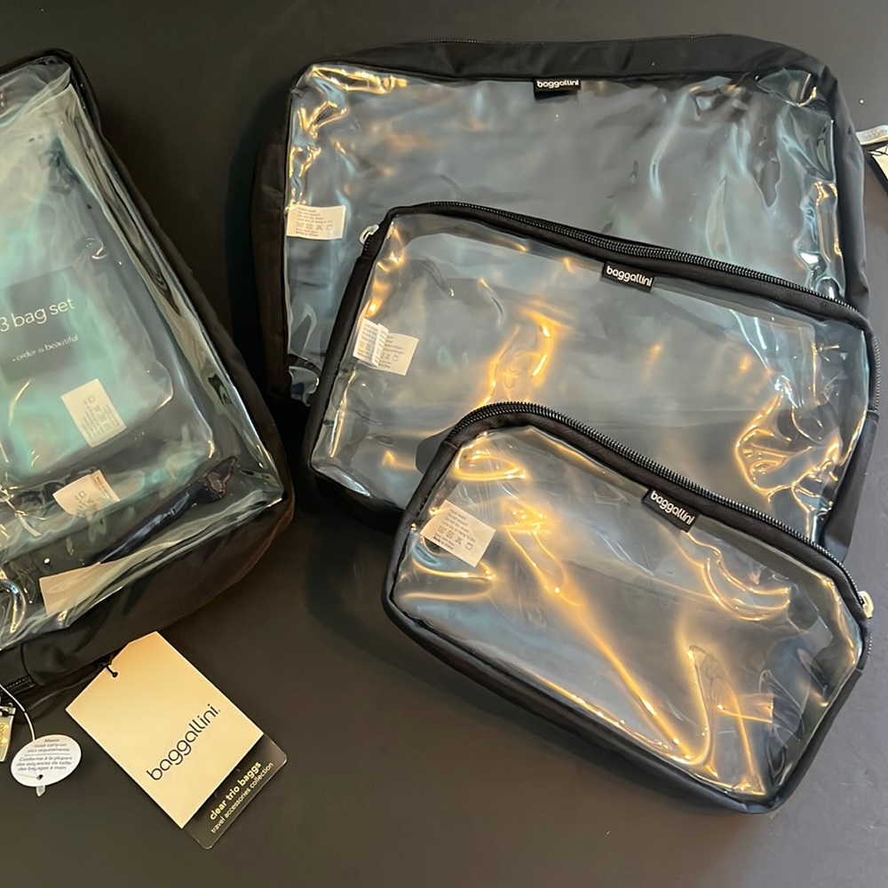 Baggallini “clear trio baggs” set of 3 clear travel bags black trim-NWT